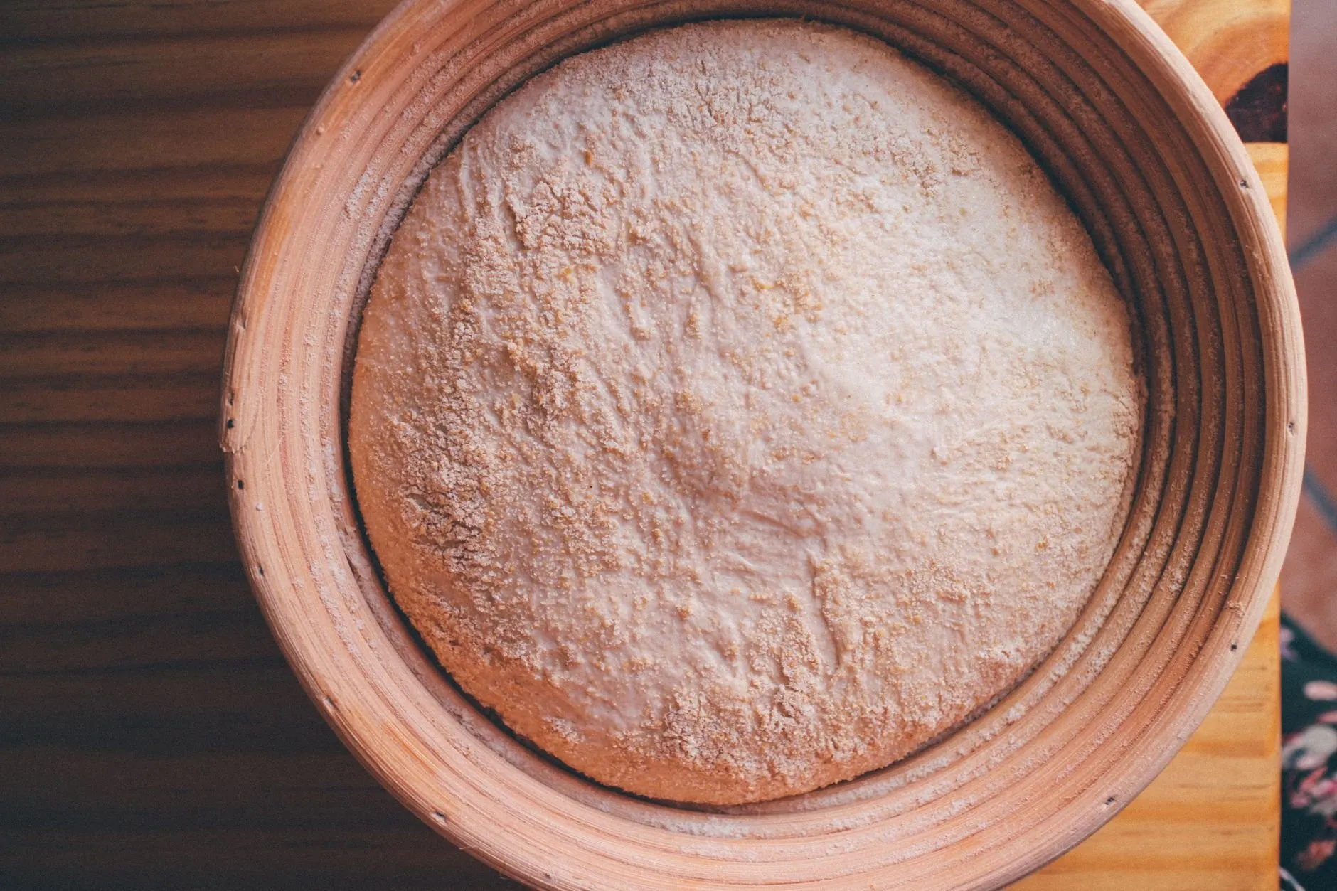 A ball of sourdough dough resting in a ceramic bowl on a wooden table