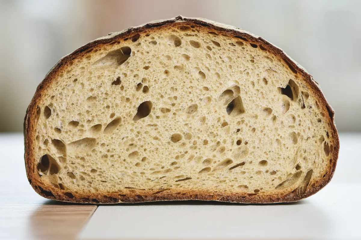 A cut sourdough slice showing an open, irregular crumb.